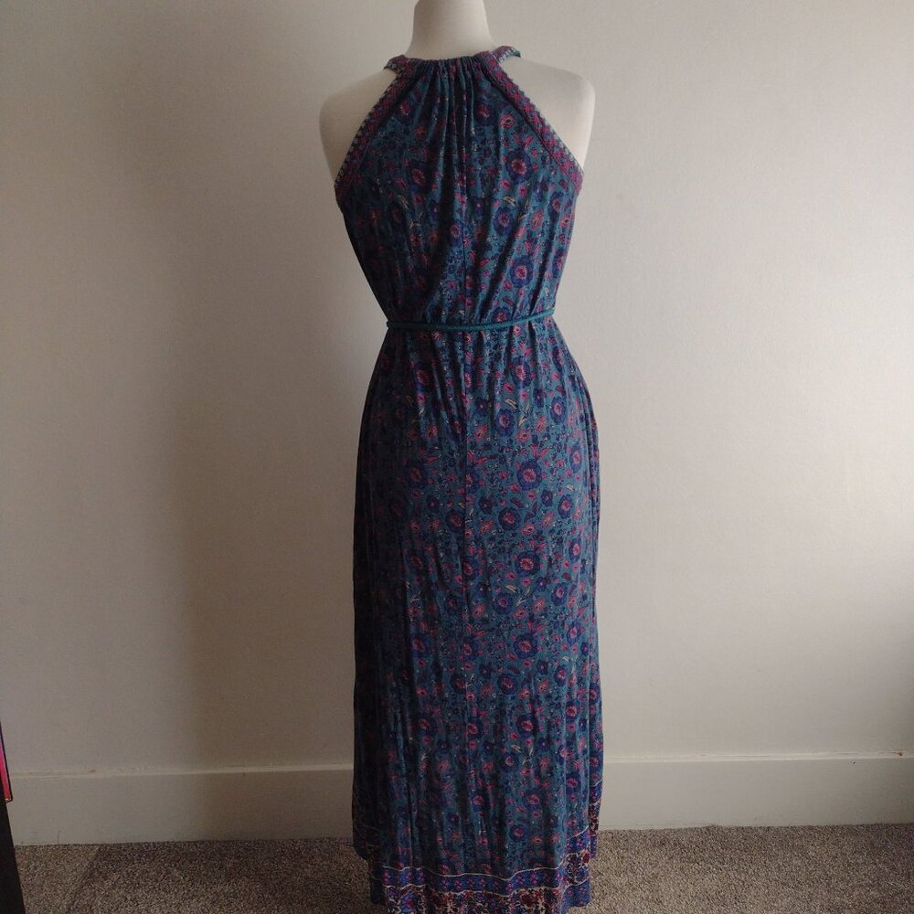Lucky Brand Teal Floral Dress S Relaxed Knit Boho Jewel Tone Embroidered Maxi - Picture 10 of 12